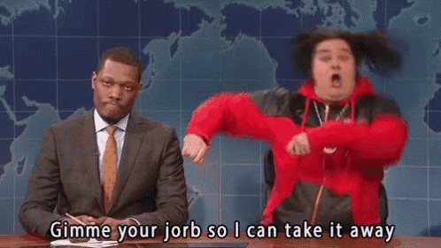 a man in a suit and tie says gimme your jorb so i can take it away in front of a map of the world
