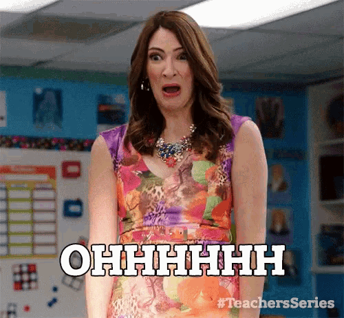 a woman in a floral dress is making a surprised face and saying ohhhh