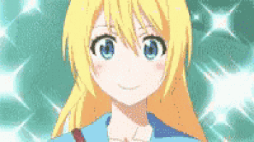 a girl with blonde hair and blue eyes is smiling in a pixel art .