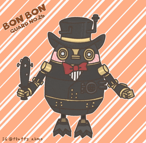 a cartoon drawing of a robot named bonbon guard