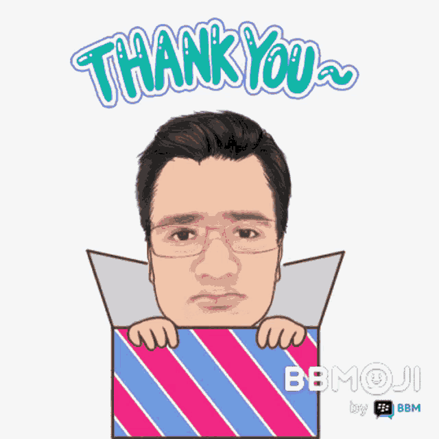 a cartoon of a man peeking out of a box with the words thank you behind him