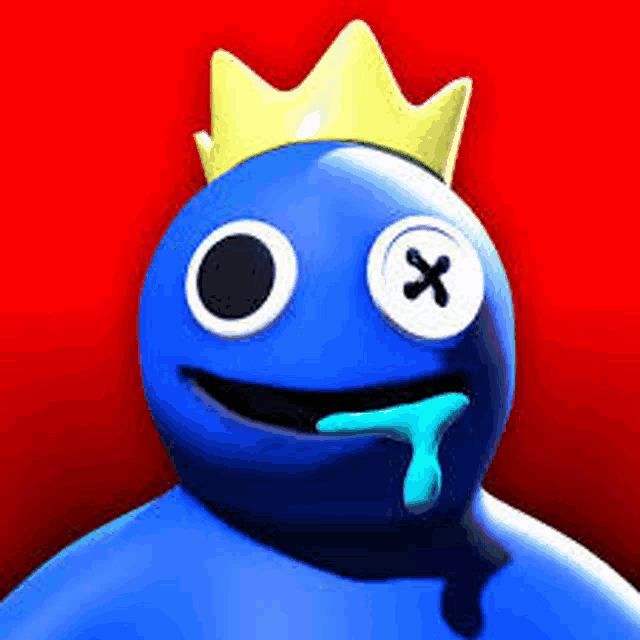 a blue cartoon character with a crown on his head and a x on his eye .