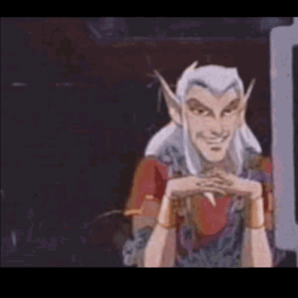 a cartoon character with white hair and a red shirt is smiling