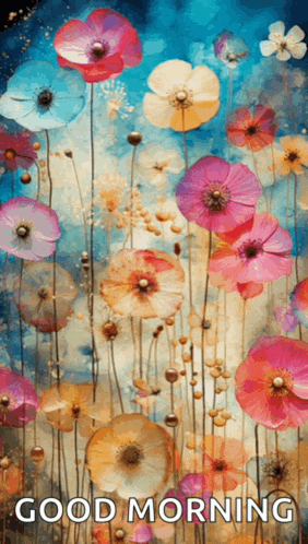 a painting of flowers with the words good morning written below it
