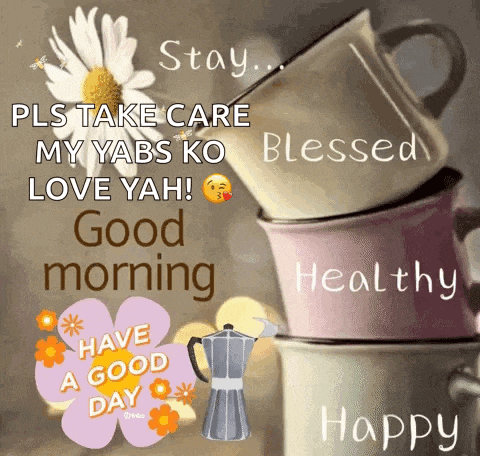a stack of coffee cups with the words good morning healthy and happy