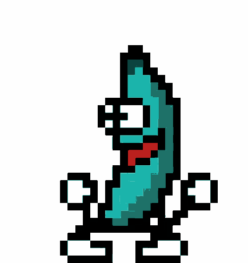 a pixel art drawing of a blue crayon with arms and legs and a red mouth .