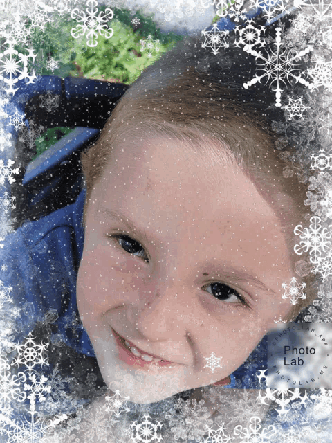 a child 's face is surrounded by snowflakes and the words photo lab