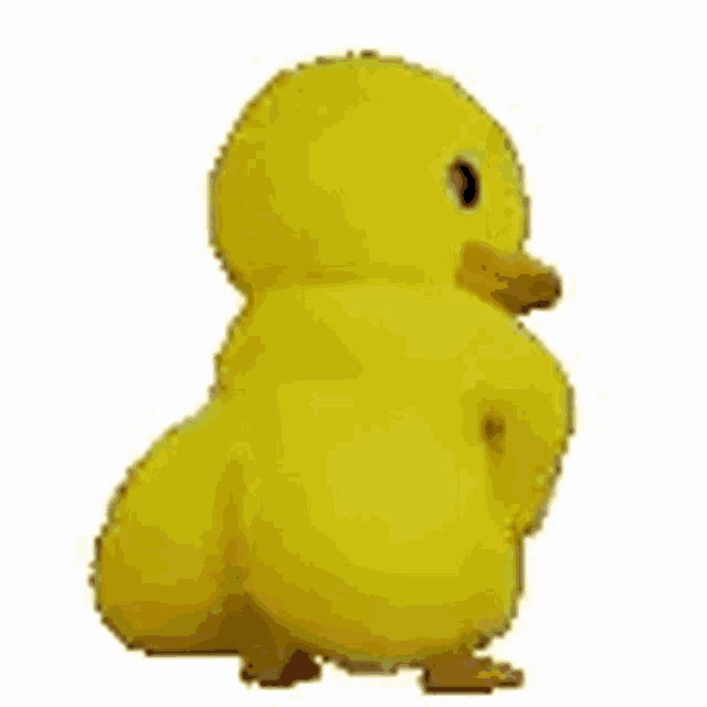 a yellow stuffed animal with a big butt is standing on a white background .