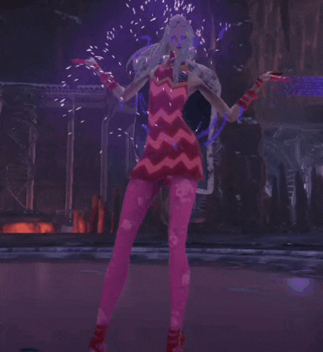a woman in a pink dress and red tights is dancing