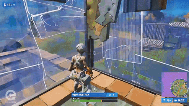 a video game is being played and the player ww matrix is standing in front of a broken glass wall