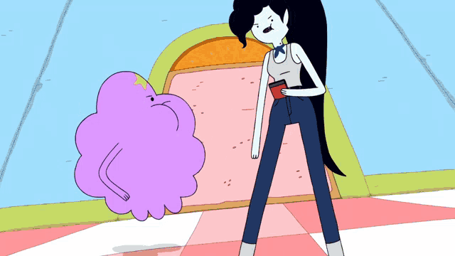 a cartoon character standing next to a piece of bread