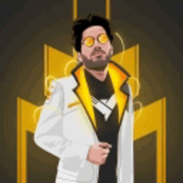 a man with a beard wearing sunglasses and a white coat
