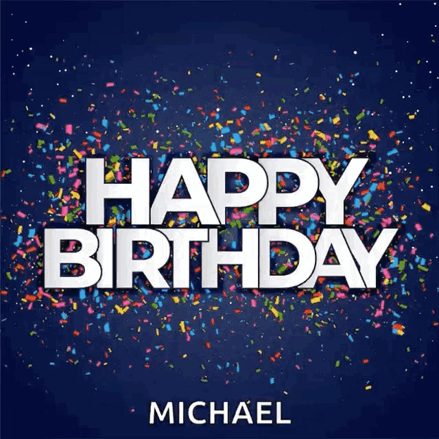 a birthday card for michael with gifts and a cake on a red background