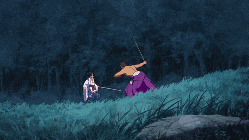 a girl in a kimono is holding a sword with a purple light behind her