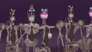 a row of robots wearing ties and flowers on their heads