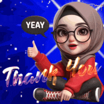 a cartoon girl wearing a hijab and glasses is giving a thumbs up and says yeay
