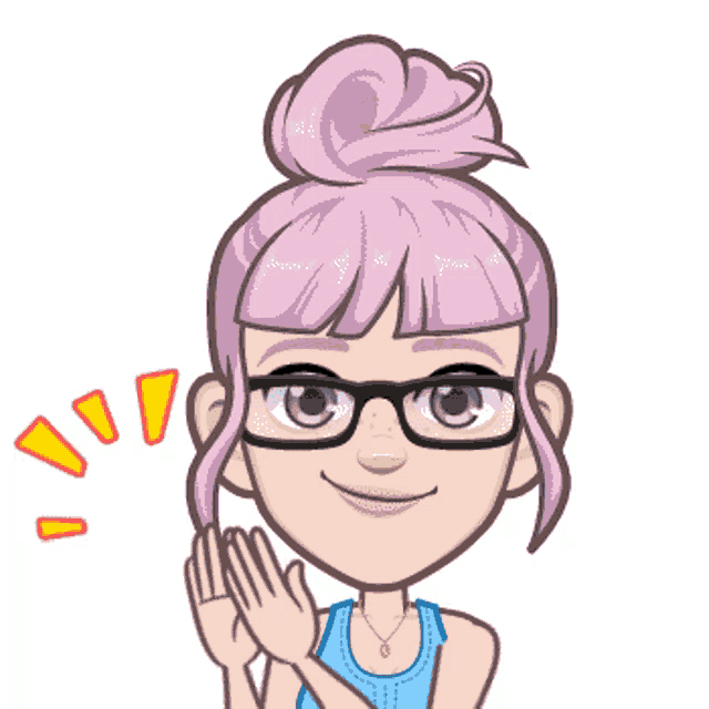 a cartoon girl with pink hair and glasses applauds