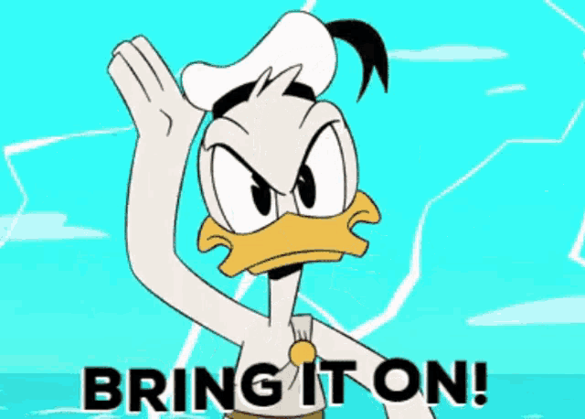 a cartoon character says bring it on in black letters