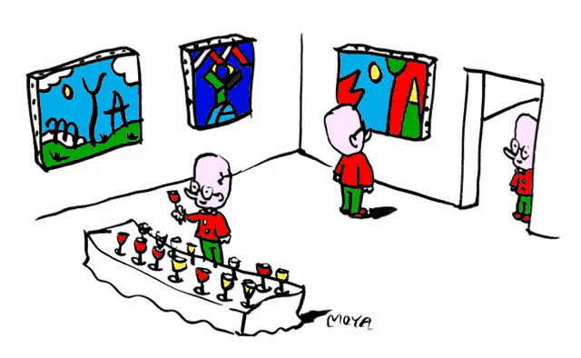 a cartoon of a man looking at paintings with the name moya on the bottom right