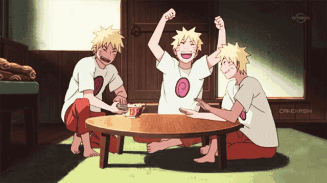 three anime characters are sitting around a table and one of them is wearing a shirt that says " cakexkashi " on it