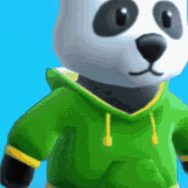 a panda bear wearing a green and yellow hoodie