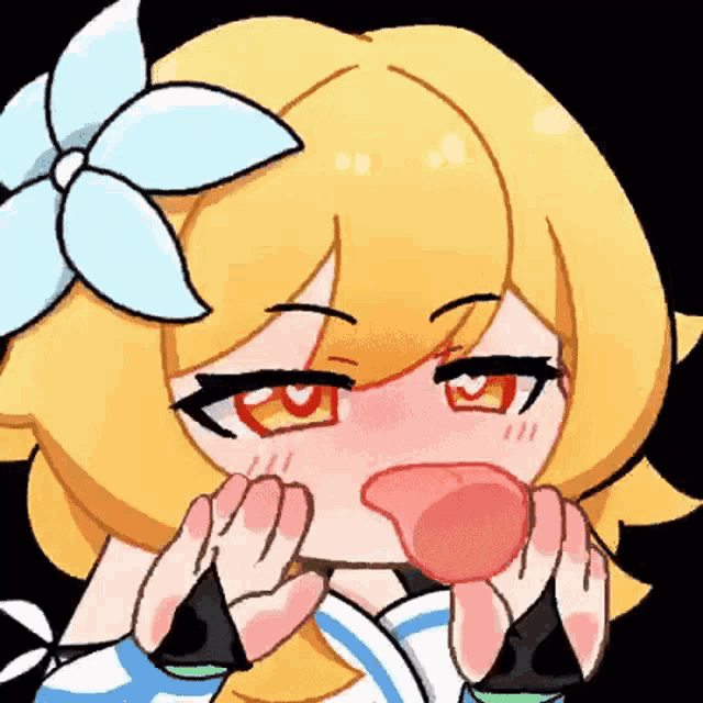 a cartoon girl with a flower in her hair is blowing a pink bubble with her tongue .