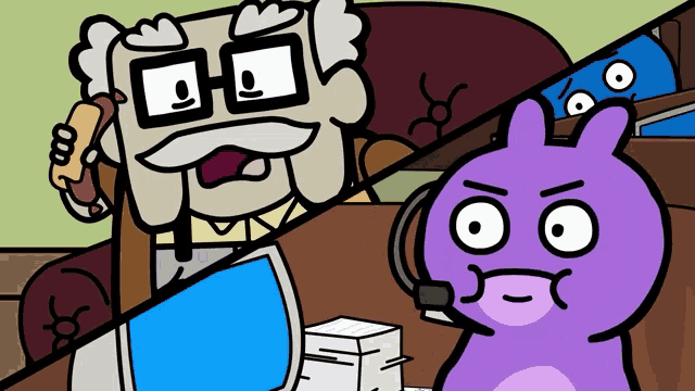 a cartoon of a man holding a hot dog next to a cartoon of a purple rabbit wearing a headset