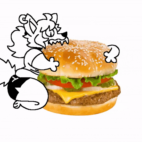 a drawing of a cat eating a cheeseburger with lettuce and tomatoes
