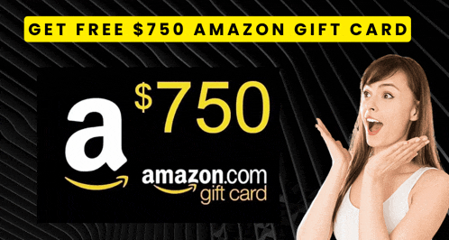 a woman is standing in front of a sign that says get free $ 750 amazon gift card