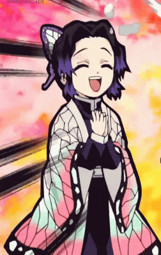 a girl with purple hair and a butterfly on her head is smiling