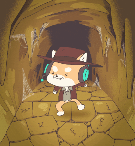 a cartoon drawing of a dog wearing headphones in a cave