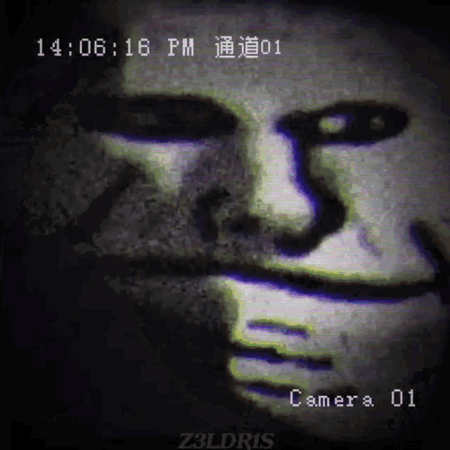 a black and white image of a man 's face with the time of 14:06 pm
