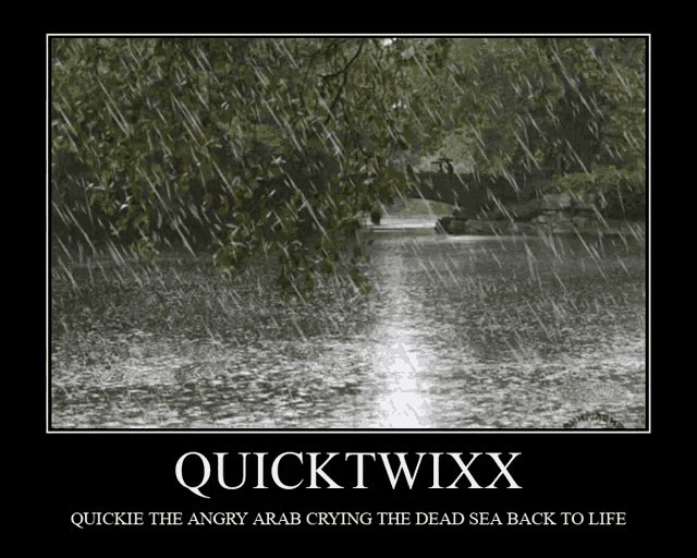 a black and white photo of a river in the rain with the words quicktwixx on the bottom