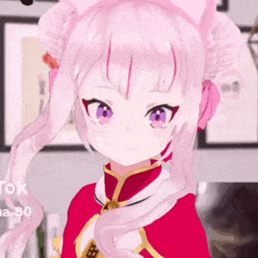 a girl with pink hair and purple eyes is wearing a red dress