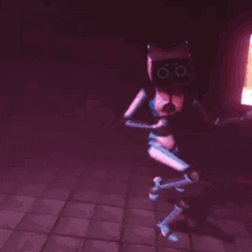 a robot with a cat 's head is standing in the dark