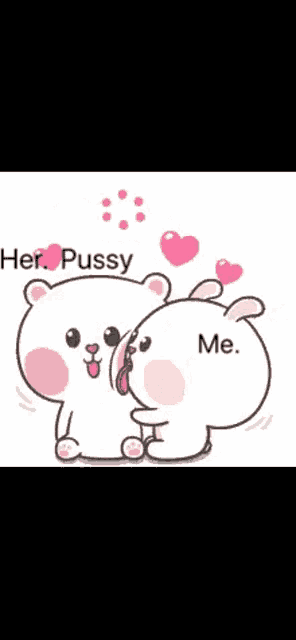 a cartoon of a bear kissing a rabbit with the words her pussy me