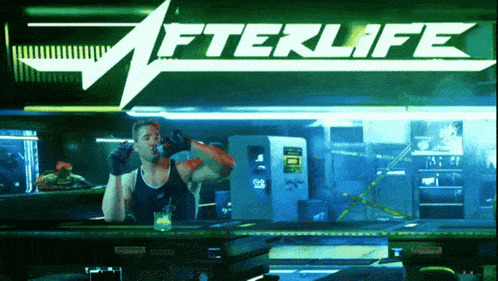 a man sits at a bar in front of a neon sign that says afterlife