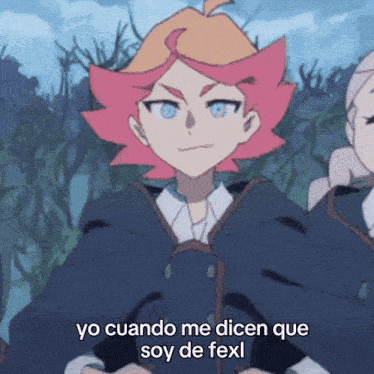 a girl with pink hair and blue eyes says yo cuando me dicen que soy de fell