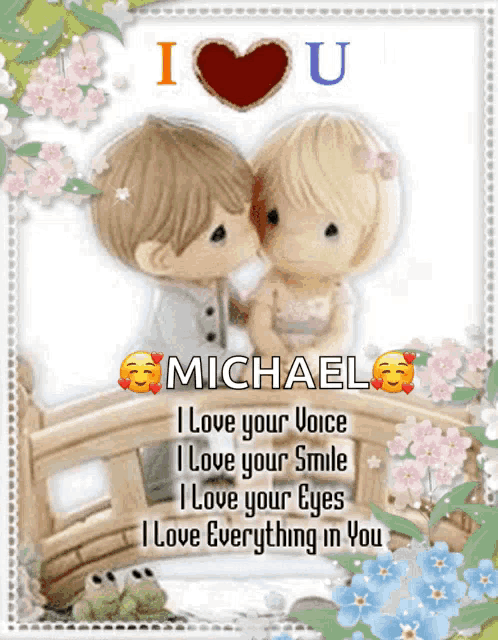 a picture of a boy and girl kissing with the name michael on it