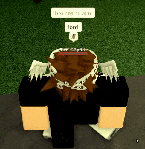 a cartoon character with a speech bubble that says bro has no aim lord