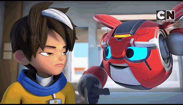 a boy and a robot are standing next to each other in a room .