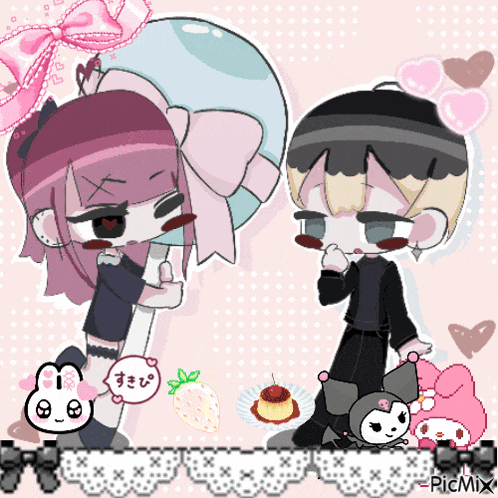 a drawing of a girl and a boy with a picture of a pudding and a strawberry