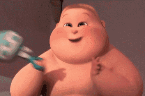 a cartoon baby is smiling while holding a toothbrush