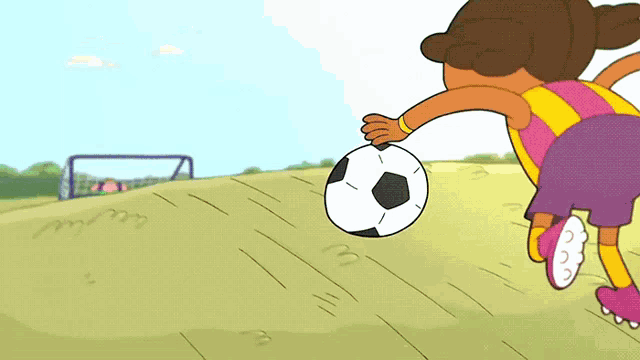 a cartoon girl is kicking a soccer ball on a field
