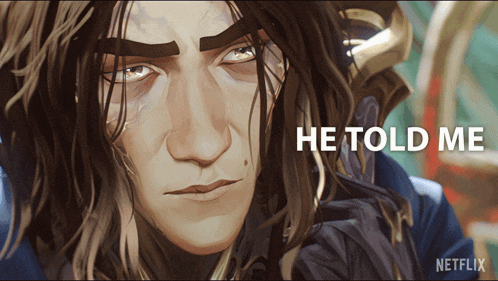 a painting of a man with long hair and the words he told me above him