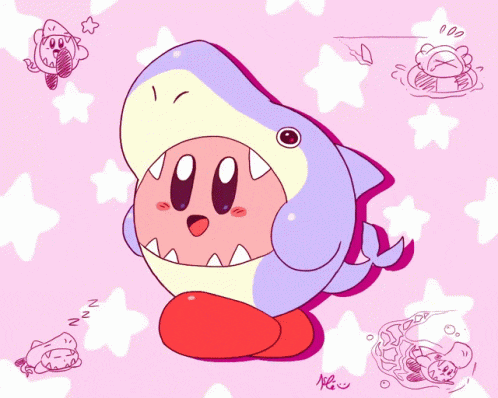 a drawing of kirby dressed as a shark on a pink background