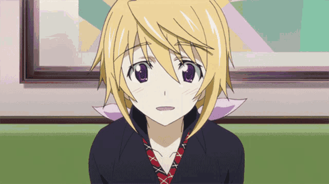 a girl with blonde hair and purple eyes is wearing a black sweater