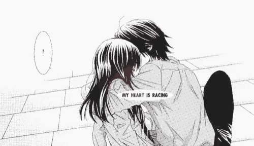 a black and white drawing of a boy and a girl hugging .