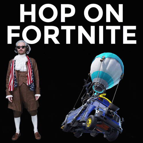a poster that says hop on fortnite next to a man in a costume