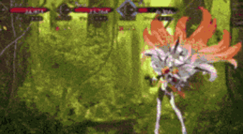 a blurred image of a video game with a character standing in the middle